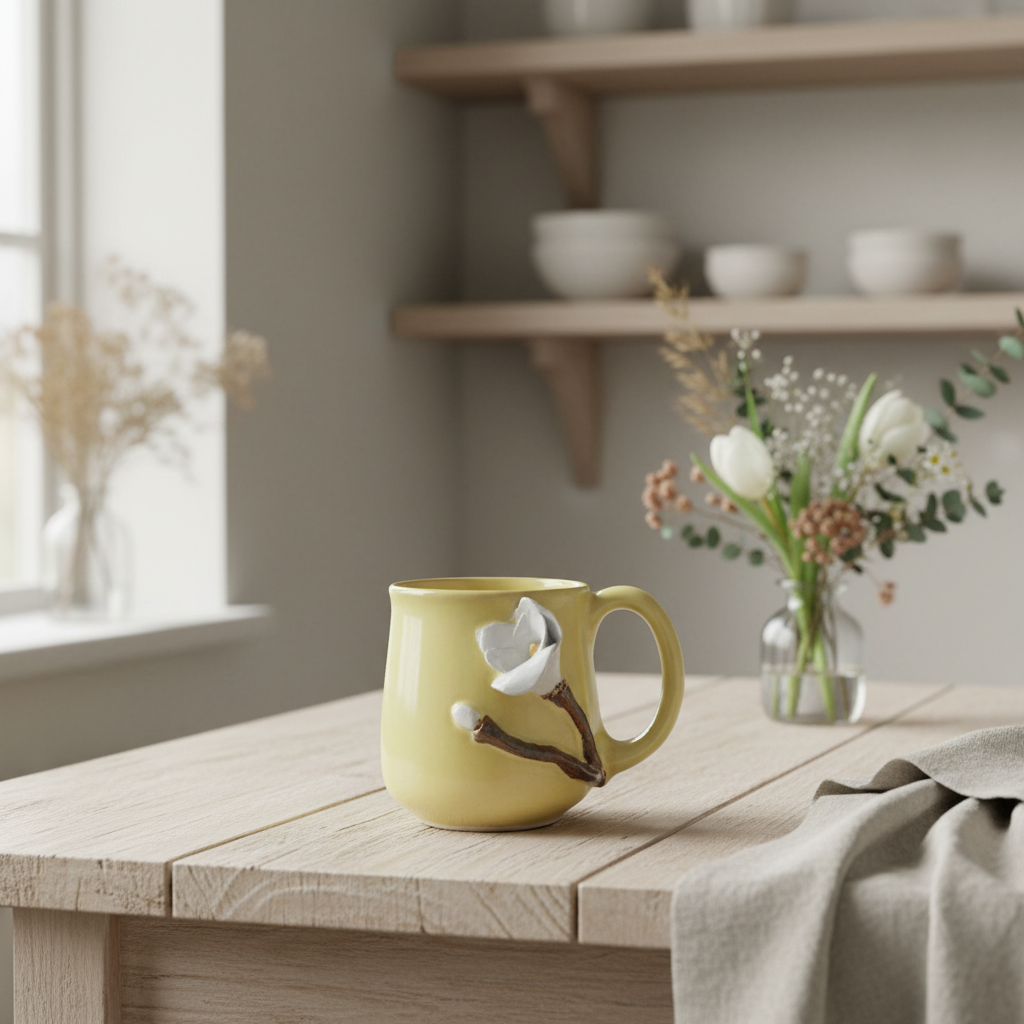 Krus med blomst – Flora, Gul med hvid blomst | RG Ceramic