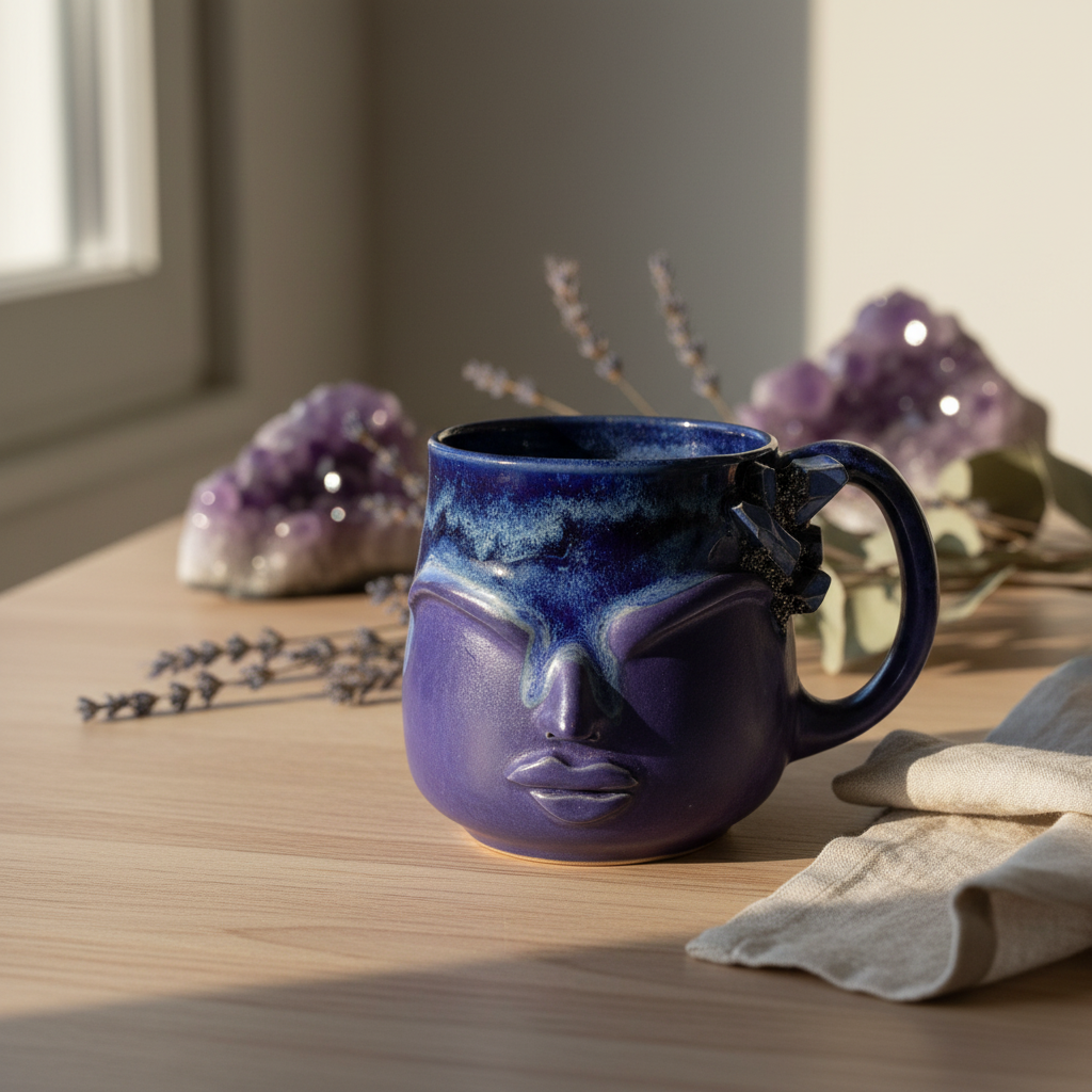Krus med ansigt – Gaia, Mørk lilla med krystal | RG Ceramic