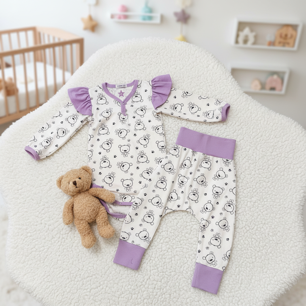Håndlavet baby sæt str. 74 – body med flæser og bukser i lilla bamse-jersey | Louifax