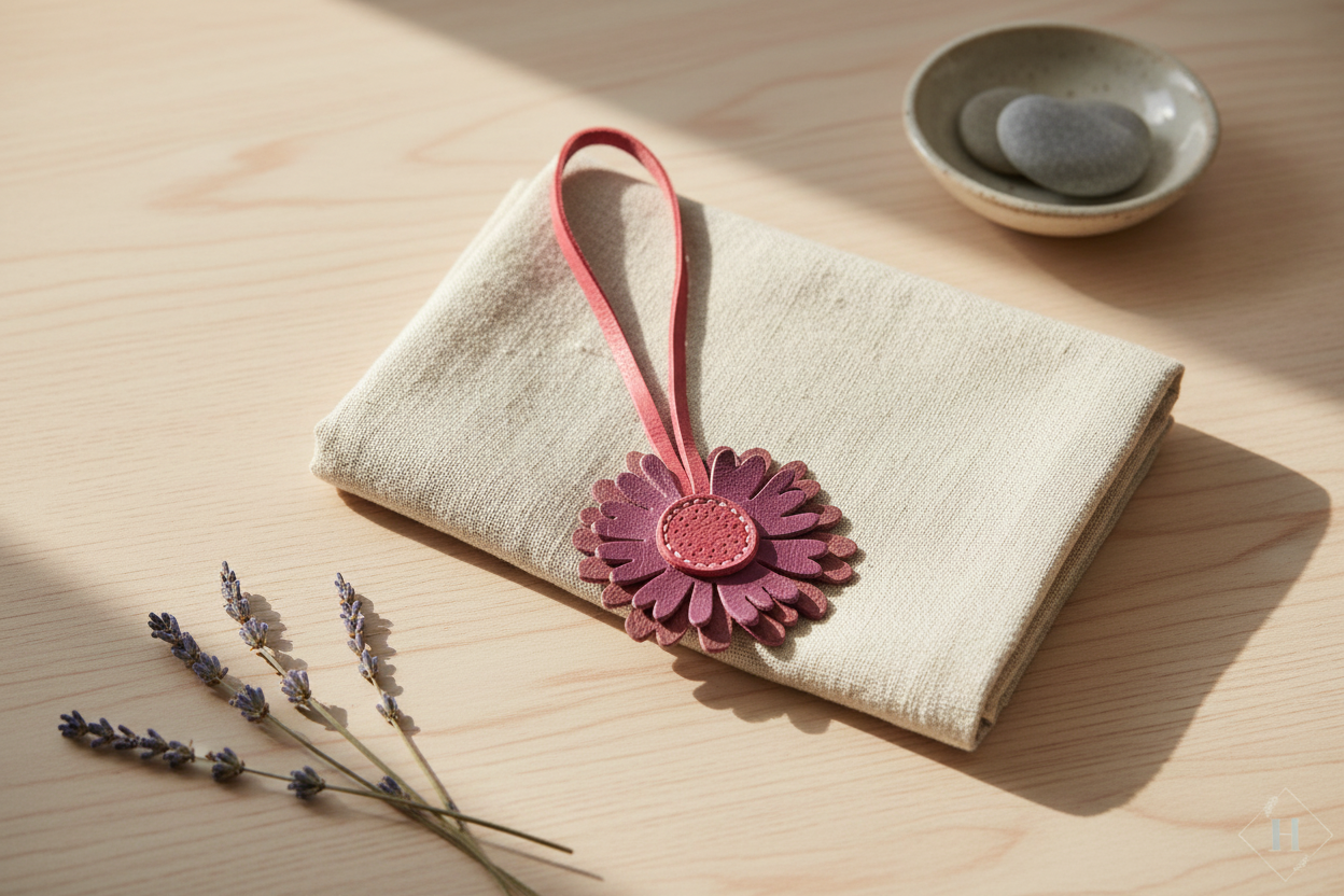 Læder nøglering/taskevedhæng - Daisy (lilla) – stylet billede