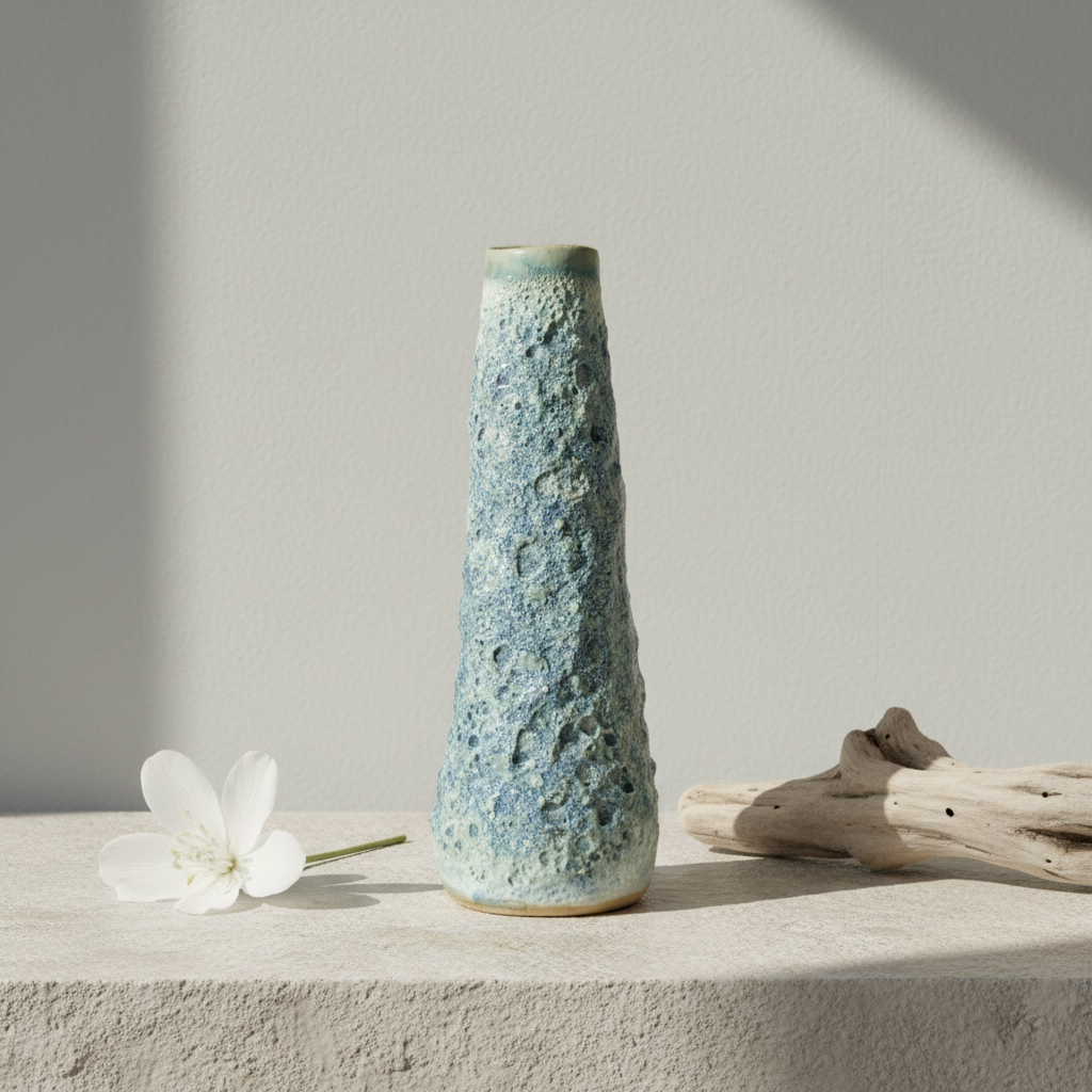 Håndformet slank vase – boblet havblå lava glasur | Lisbeth Børglum