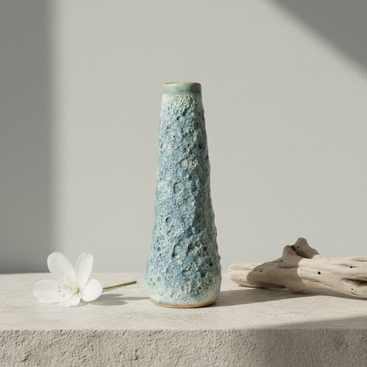 Håndformet slank vase – boblet havblå lava glasur | Lisbeth Børglum