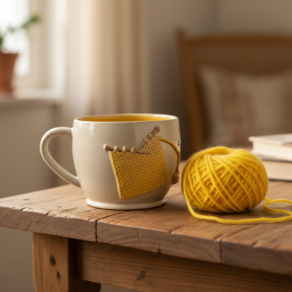 Keramikkrus med strikketøjsmotiv – „I Knit a break“ | Helle Zinn