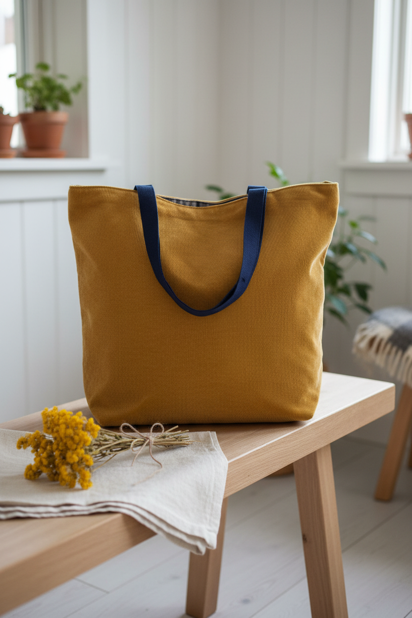 Vendbar totebag – karry fløjl/lyseblå tern | JNorteved