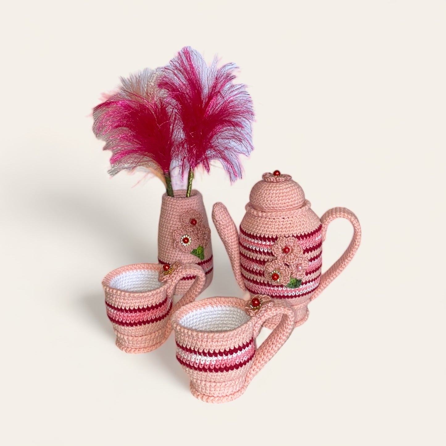 Hæklet te stel - rosa