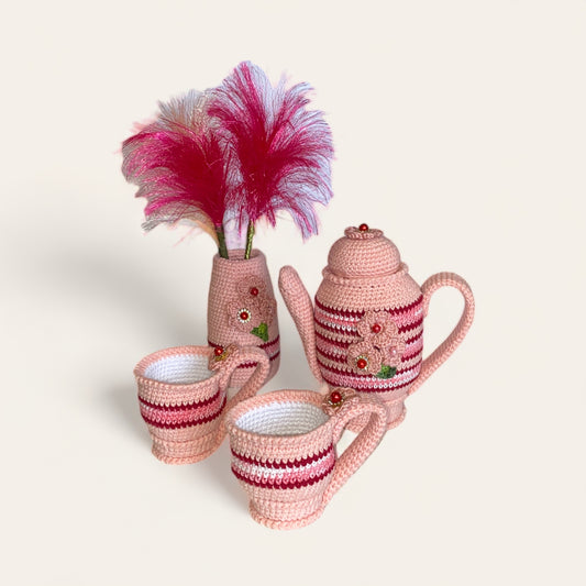 Hæklet te stel - rosa