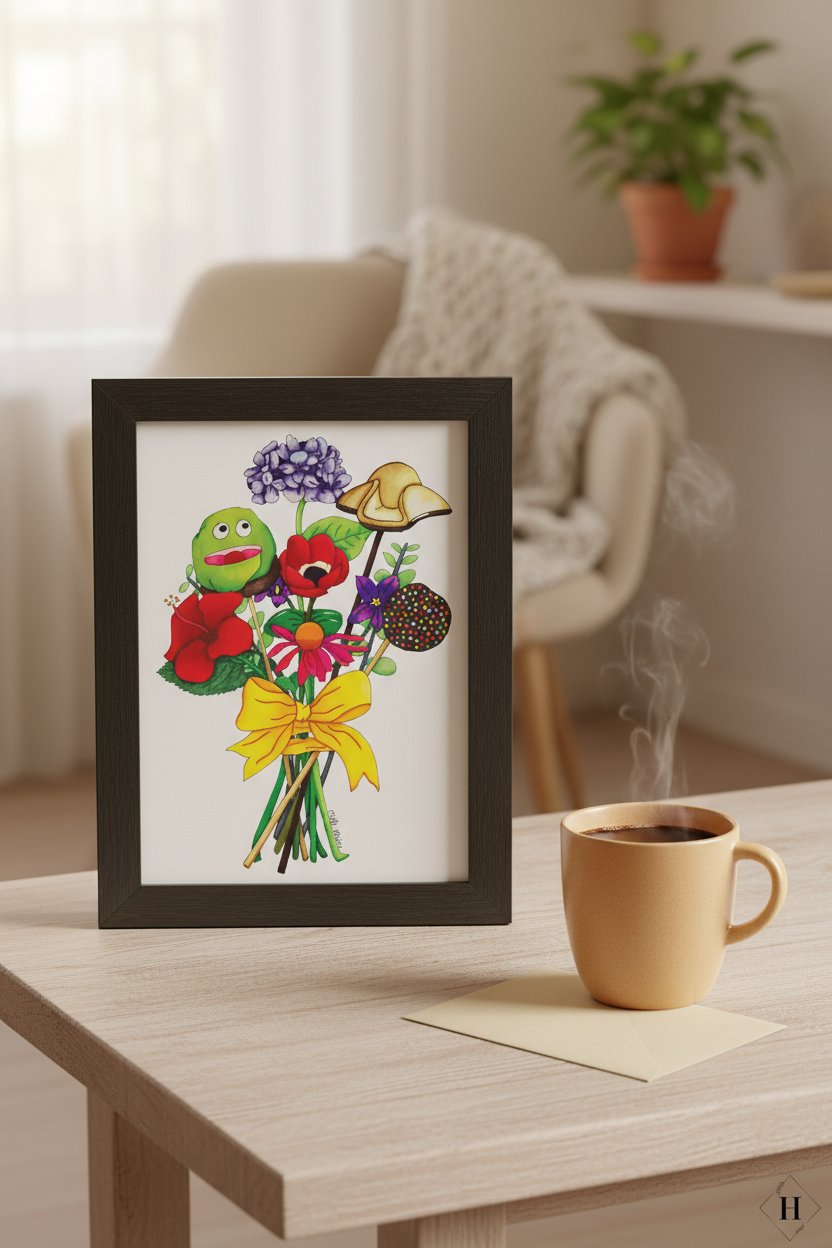 Håndtegnet kort – Buket med kager og blomster | Mette Mains