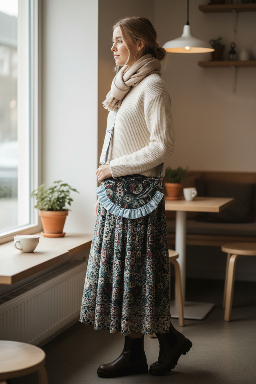 Håndlavet mini crossbody taske – paisley med lyseblå frynser – 20x15 cm | JNortheved