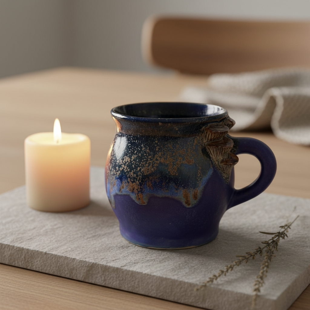 Krus med svampe – mørk blå natthimmel-glasur med brune svampe | RG Ceramic