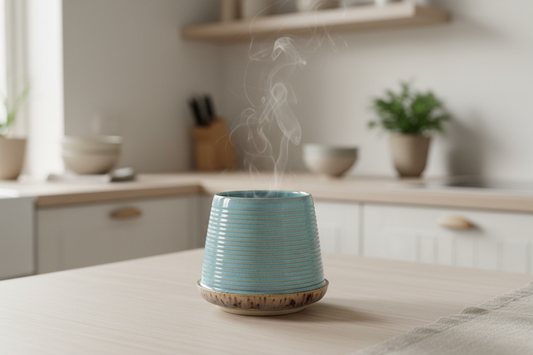 Drejet tumbler i lyseblå glasur med ribbet struktur – Håndlavet af Ibs Elsker Keramik