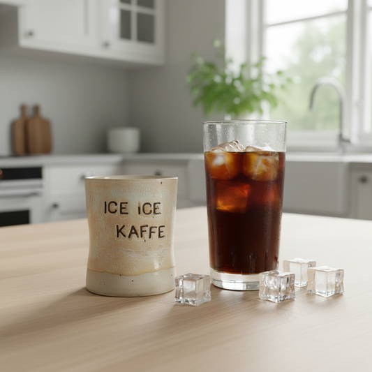 Klemmekrus med „Ice ice kaffe“ – Håndlavet keramikkrus af Charlottes Clayground