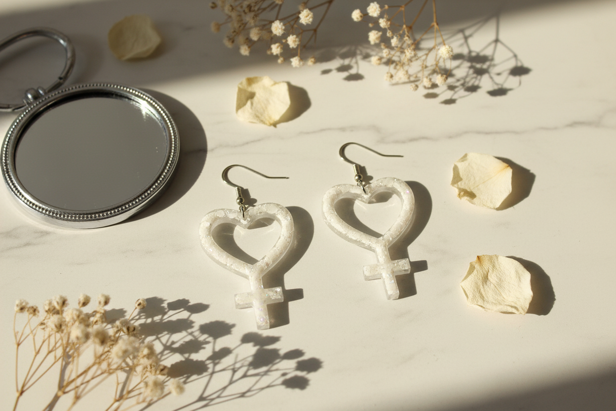 Kvindetegn øreringe i hvid perlemor akryl – hjerteformet