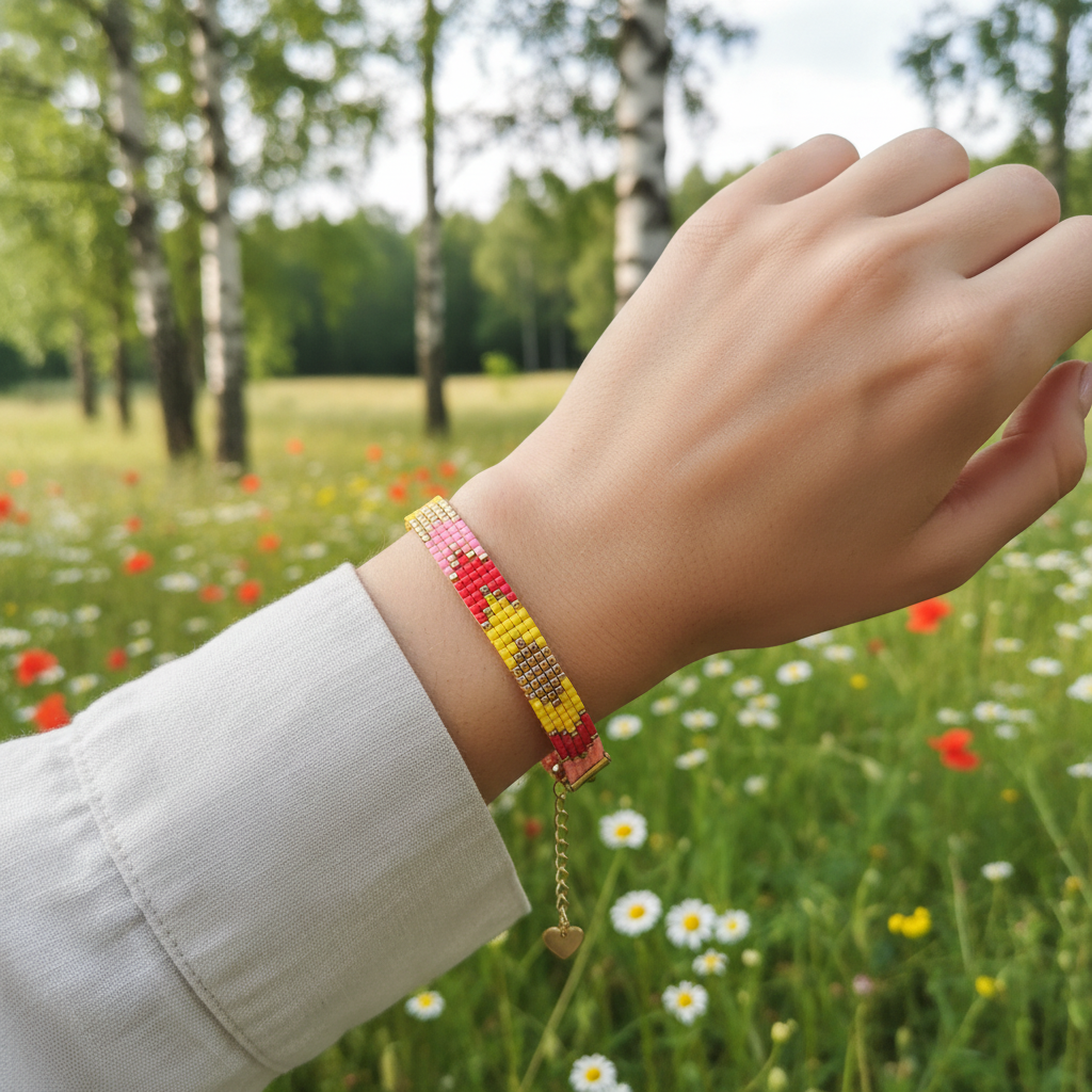 Håndlavet miyuki armbånd i lyserød, gul og rød – Mabalser
