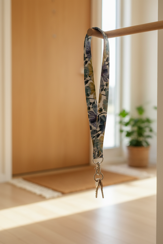 Keyhanger i stof med blomsterprint – Blå og lilla | Håndlavet af Irene Kokholm