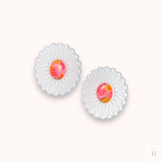 Inlay statement studs - pink and orange flowers "Kaiah" #278 Handmade Hygge