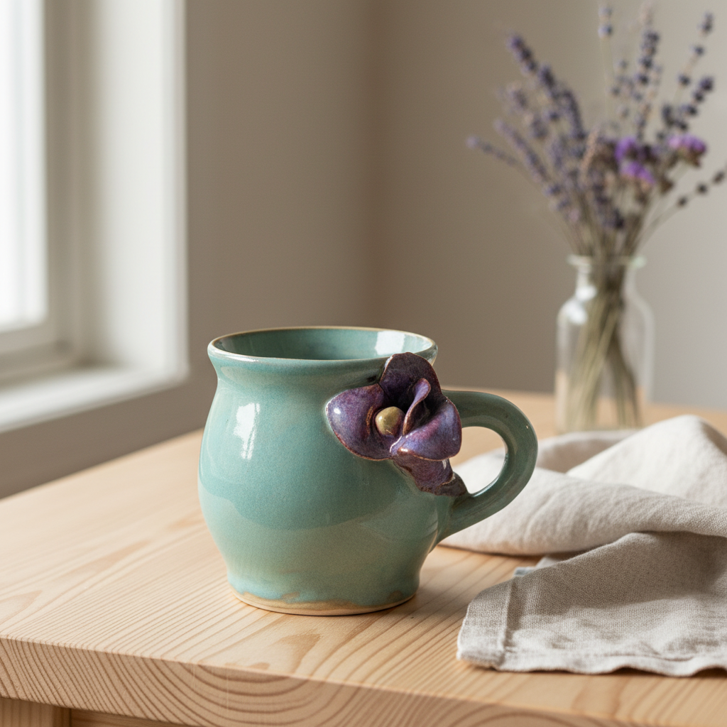 Krus med blomst – Flora, støvet grøn med lilla blomst | RG Ceramic