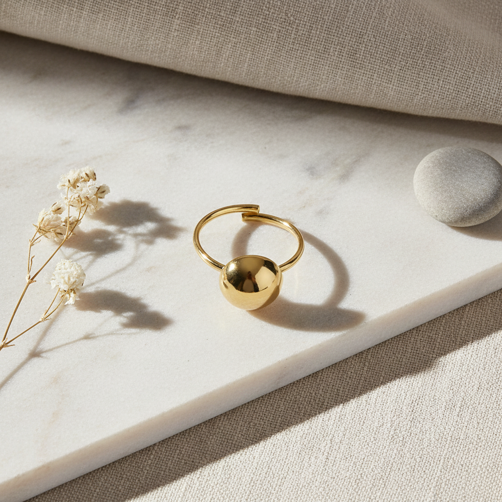Håndlavet vandfast ring med halvkugle i forgyldt kirurgisk stål – Winther Design