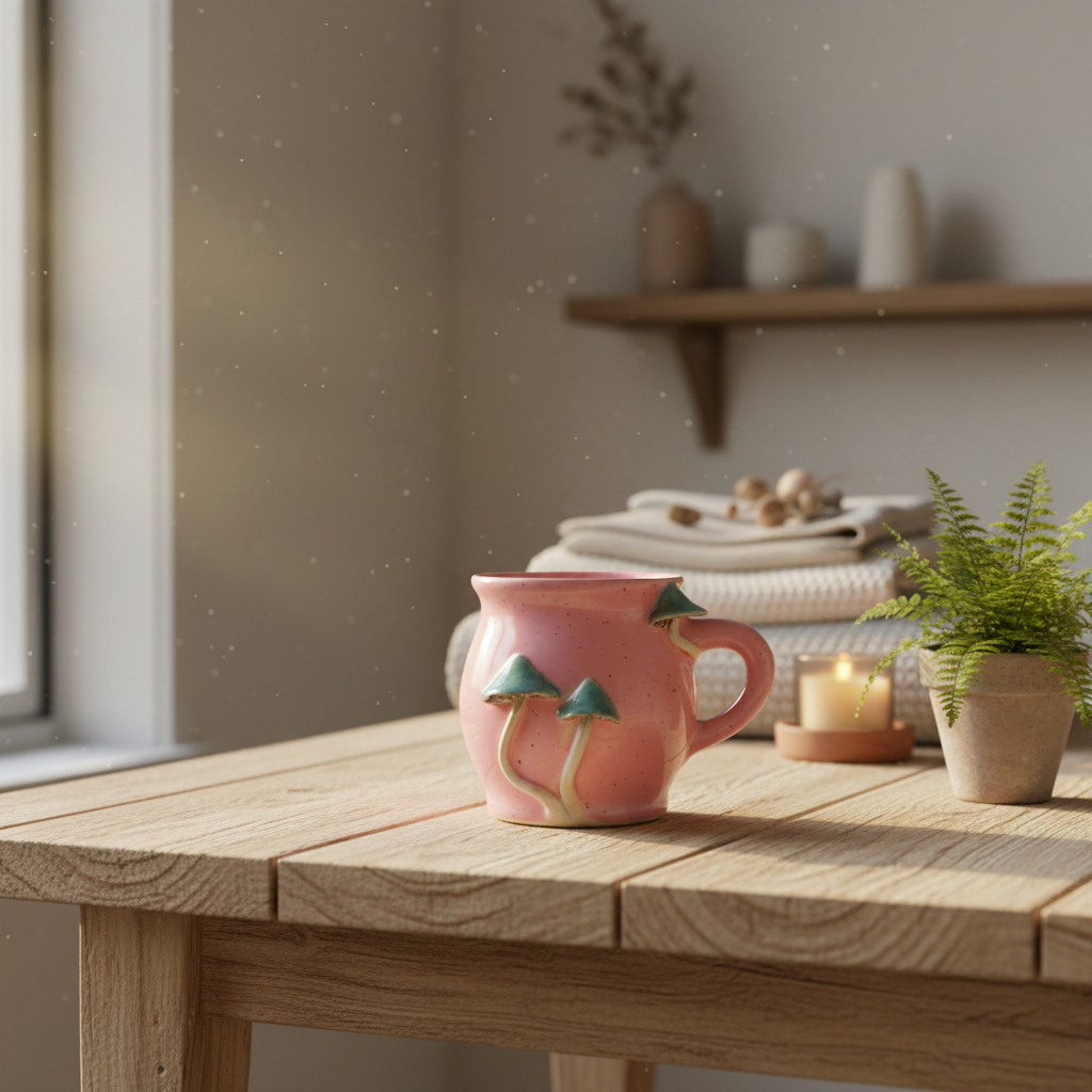 Krus med svampe – lyserød med grønne svampe | RG Ceramic