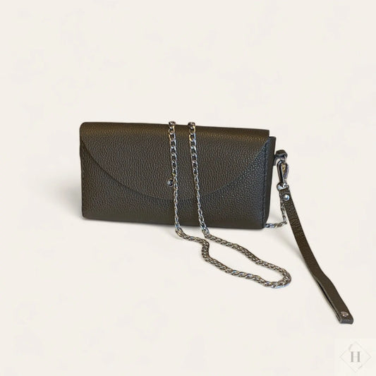 Luksus clutch i læder med kæde - army Unika Nord