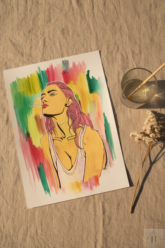 “Smoking lady” vandfarve og posca A3