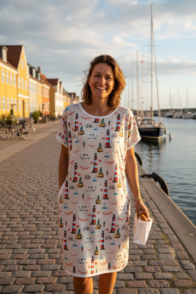 Kjole med danske sommermotiver – Fyrtårne og Den Lille Havfrue | Louifax