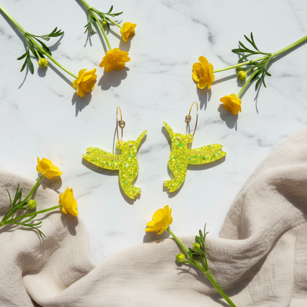 Hoop øreringe med neon gul kolibri – resin | Creatrivi