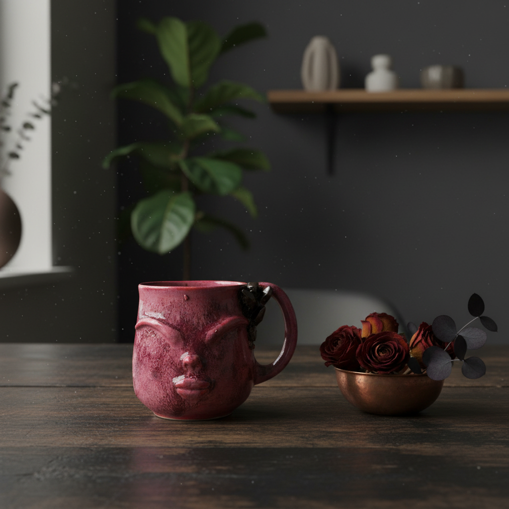 Krus med ansigt – Gaia, hindbærrød med bronzekrystaller | RG Ceramic