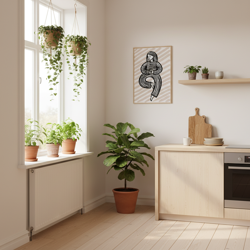 Kaffetid plakat i plantefyldt køkken