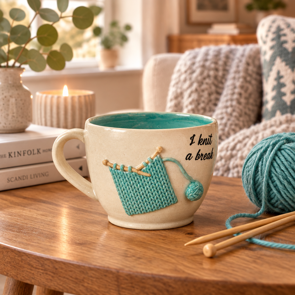 Krus I knit a break teal Helle Zinn – lifestyle