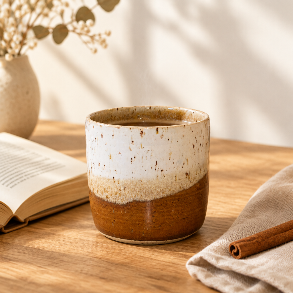 Krus uden hank brun hvid Clay by Hornstrup – lifestyle