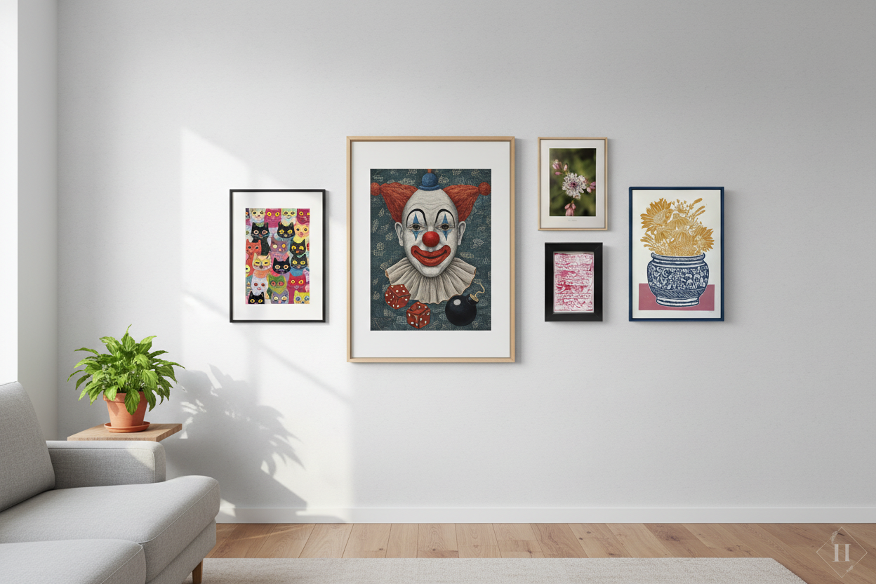 Kunstprint fra forskellige kunstnere på væg