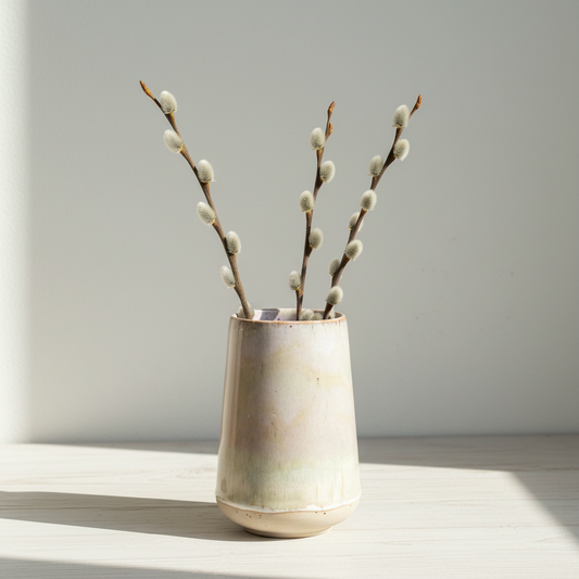 Lavendel keramikvase med pilegrene og gæslinger