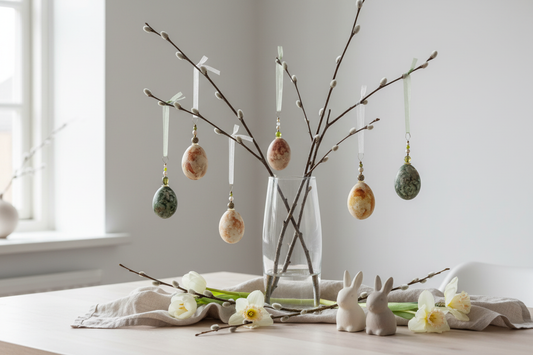 Påskescene med plantefarvede æg