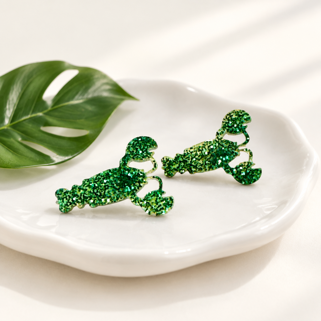 Ørestikkere grøn hummer resin glimmer Øjenguf – lifestyle
