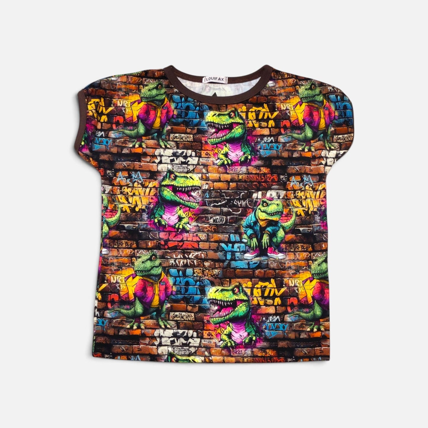 Håndlavet Børne T-shirt (flere størrelser)- Blød Jersey med Mursten og Dinosaurer