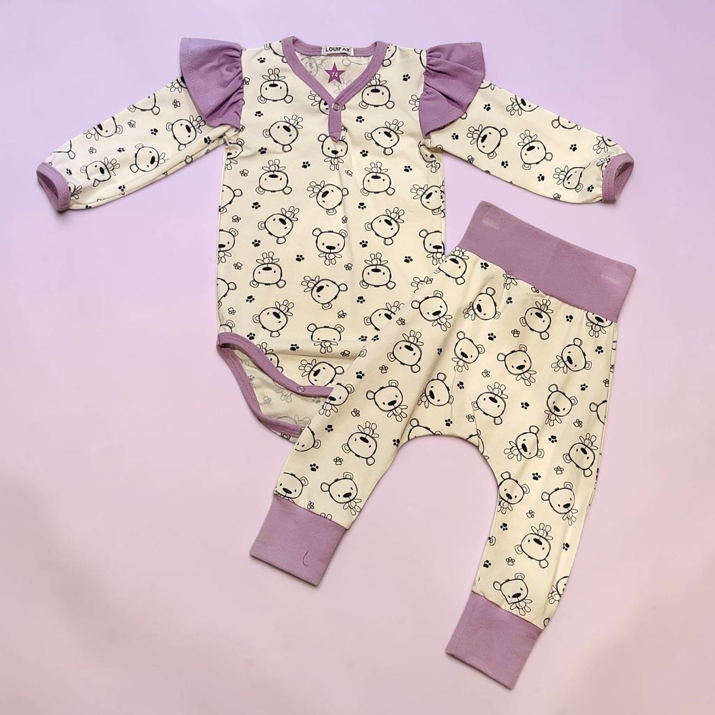 Håndlavet Baby Body og Bukser Str 74 - Blødt Jersey Sæt med bamse motiv