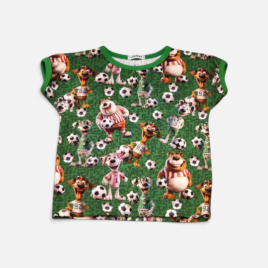Håndlavet Børne T-shirt (flere størrelser)- Blød Jersey med Fodbold Hunde
