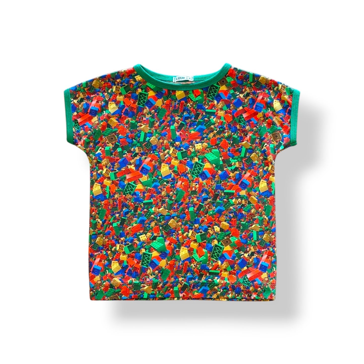 Håndlavet Børne T-shirt Str 104 - Blød Jersey med Legoklodser