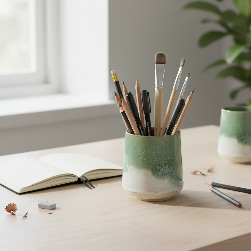 Støvet grønt krus brugt som opbevaring til blyanter og pensler