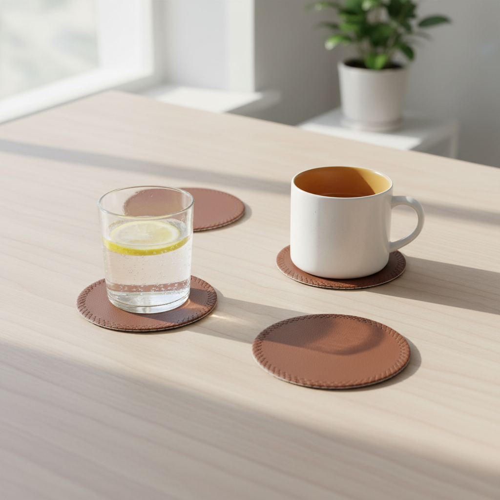 Stylede håndlavede coasters i PU skind på nordisk bord