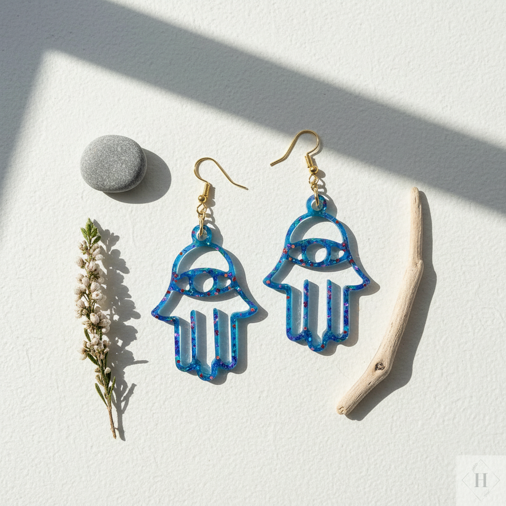 Stylede håndlavede Hamsa-øreringe i transparent blå resin - nyt forsøg