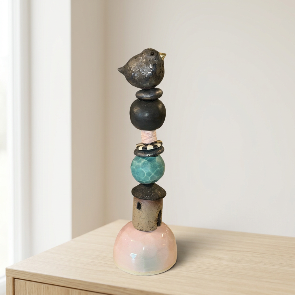 Stylet billede af Lisbeth Børglums keramikstatuette med fugl