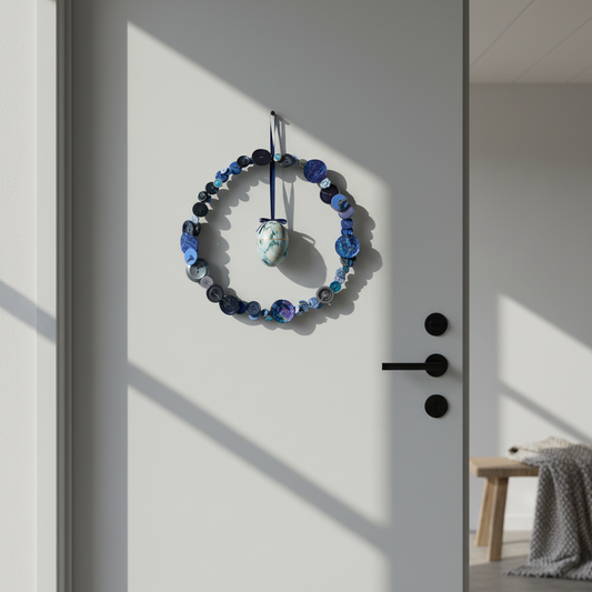 Stylet blå dørkrans på dør med æg