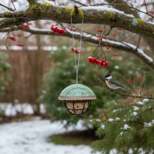 Stylet fuglefoderkugleholder i støvet grøn i havescene