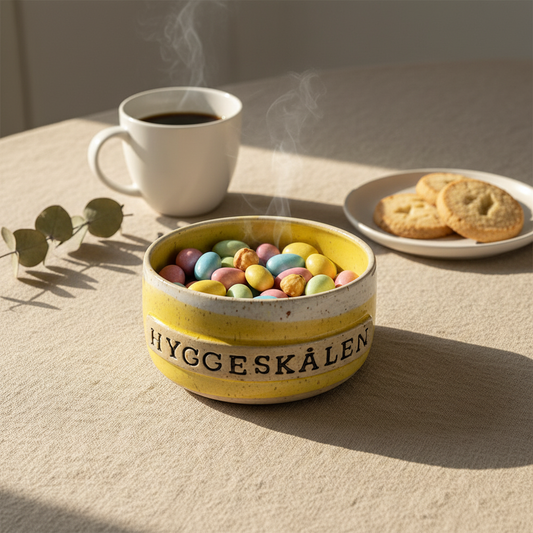 Stylet gul keramik slikskål i hyggelig nordisk scene