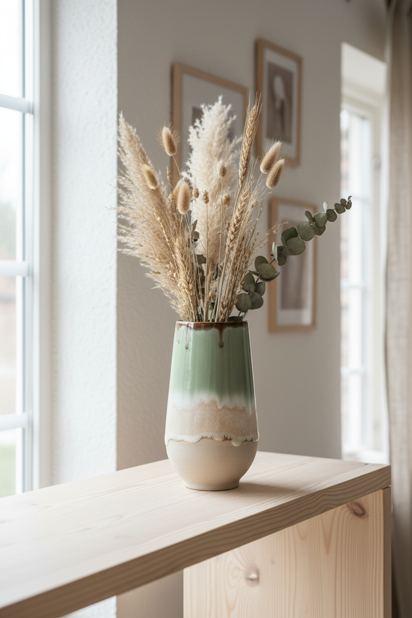 Stylet høj keramikvase i støvet grøn med tørrede blomster