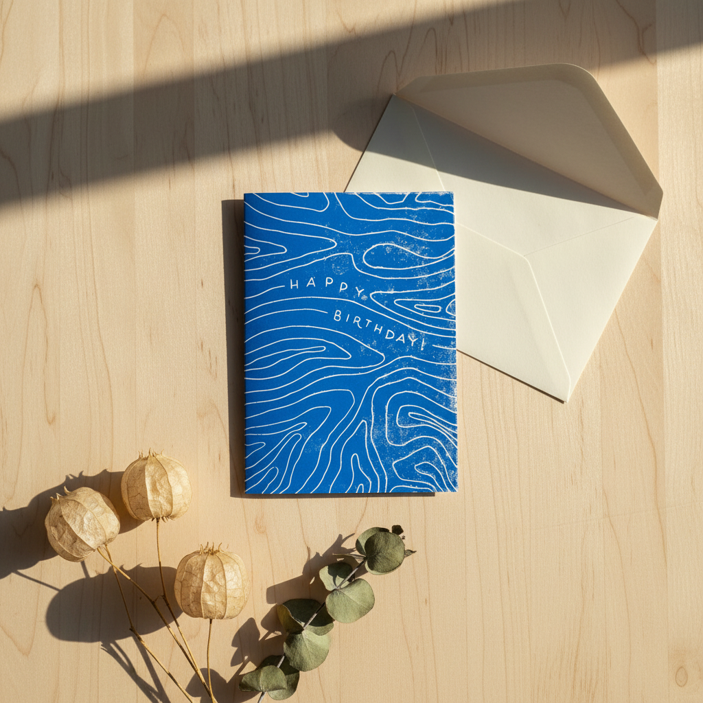 Stylet håndlavet fødselsdagskort med linoleumstryk