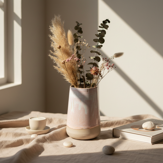 Stylet håndlavet høj vase i keramik med rosa glasur