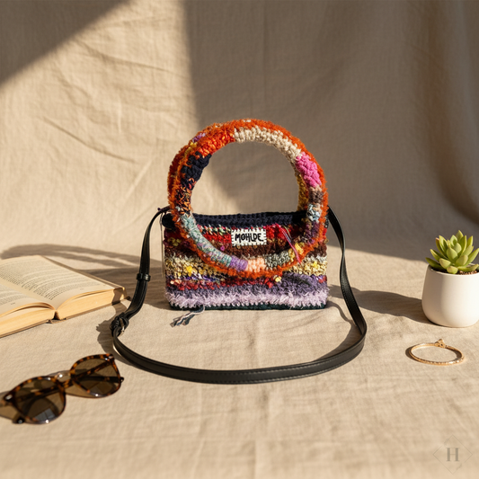Stylet håndlavet hæklet håndtaske i varme nuancer