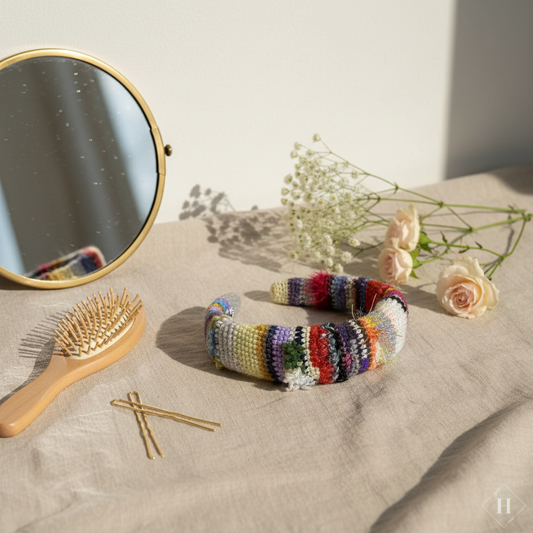 Stylet håndlavet hæklet hårbøjle i forskellige farver